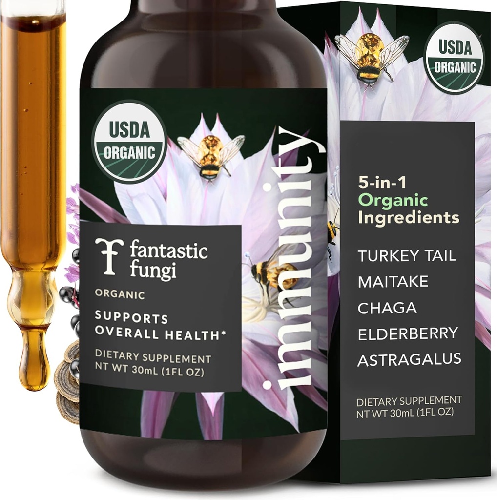 Fantastic Fungi Mushroom Extract Drops - Immunity Elixir med Turkiet Tail Mushroom Extract, Maitake, Elderberries, Chaga & Astragalus - 5-i-1 Organic Immune Support Supplement, 30 Servings, 1 fl oz