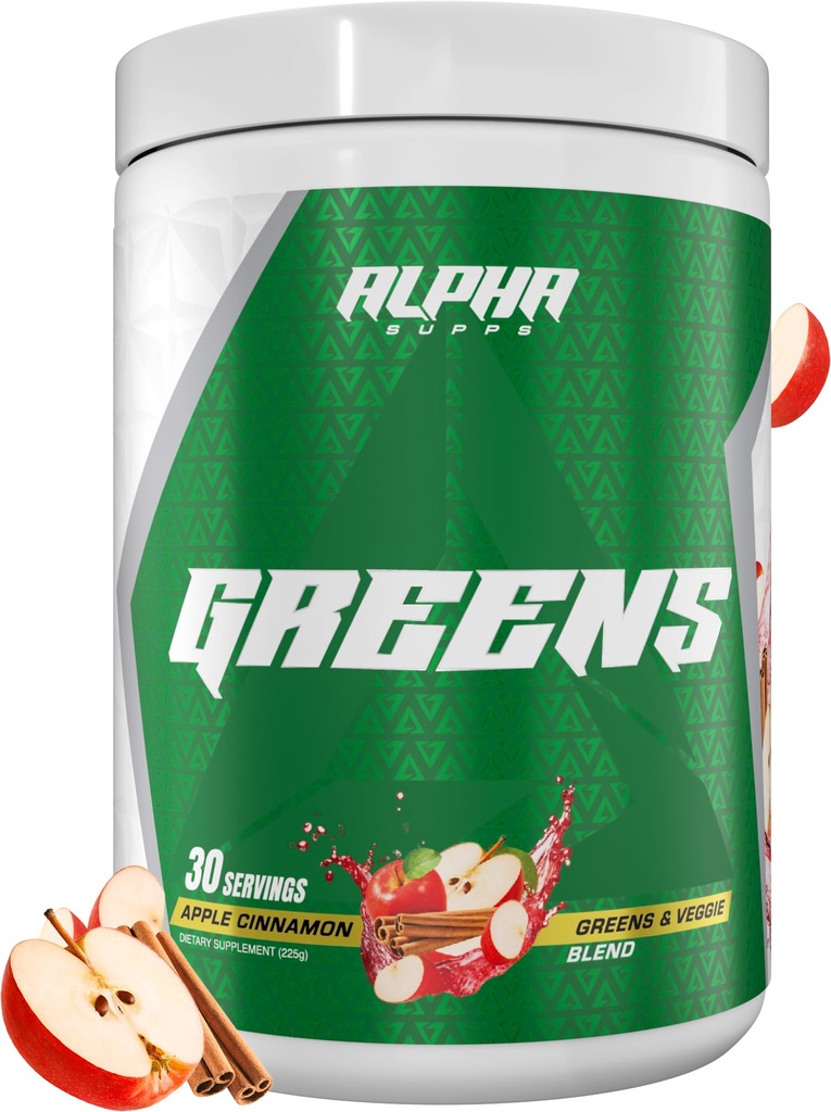 Alpha Supps - Alpha Greens Supplement | Fruit & Vegetable Superfood Powder | Över 40 naturliga växtbaserade ingredienser | Prebiotic & Probiotic Digestive Support Blend - 30 portioner (Apple Cinnamon)