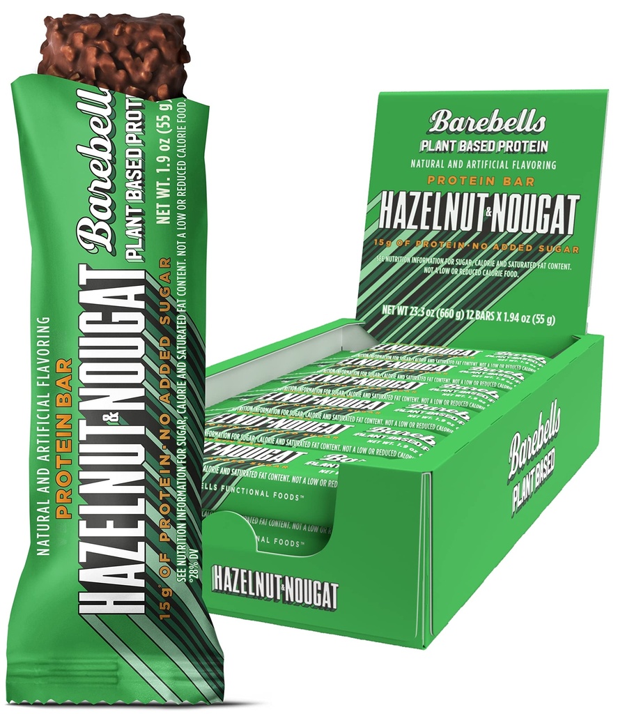 Barebells Vegan Protein Bars Hazelnut & Nougat - 12 greve, 1.9oz Bars - Funktioner Plant Based Protein Bar med 15g Protein - Chocolate Protein Snacks med endast 1g Total Sugars - Perfekt för