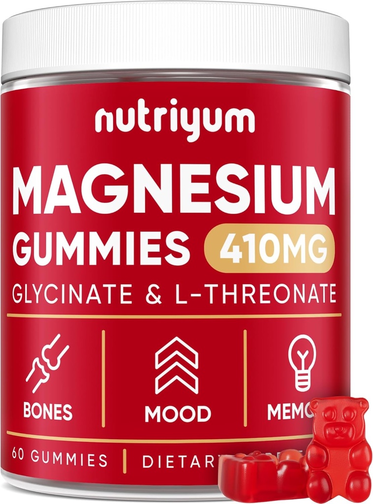 Magnesium Glycinate Gummies for Adults & Kids - 410mg Elemental Magnesium L-treonate Chewables for Bones & Memory Support, Rauhoitu - 2 kuukauden tarjonta Magnesium Gummies Supplement Complex - 60 kpl