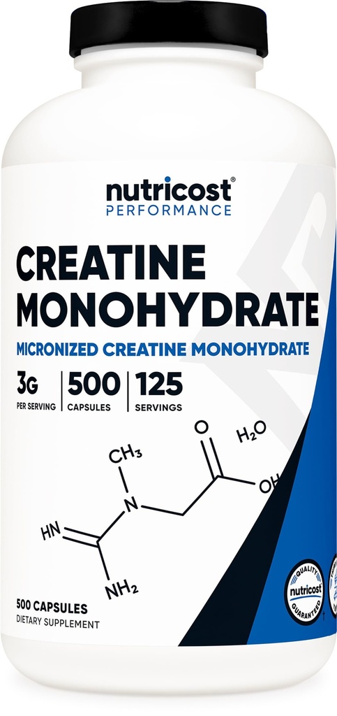 Nutricost Micronized Creatine Monohydraatti 3000 mg 500 kapselia, 125 tarjoilua, 750 mg Creatine Monohydraatti per kapseli