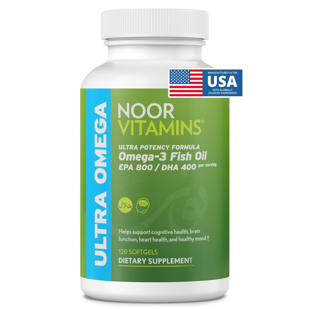 Noor Vitamins Halal Fish Oil, Halal Vitamins, Ultra Omega 3 Wild Peruvian Fish (800 mg EPA & 400 mg DHA) Hjärta, Brain & Joint Support, Non-GMO och Gluten Free (120 Count)