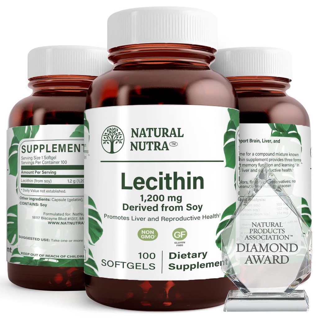 Natural Nutra Soy Lecithin 1200 mg Dietary Supplement - Brain Function, Liver Health, Hepls Breast Health, Memory Boosting Supplement - Gluten-Free, BPA-Free, 100 Softgels i återvinningsbara glasflaskor