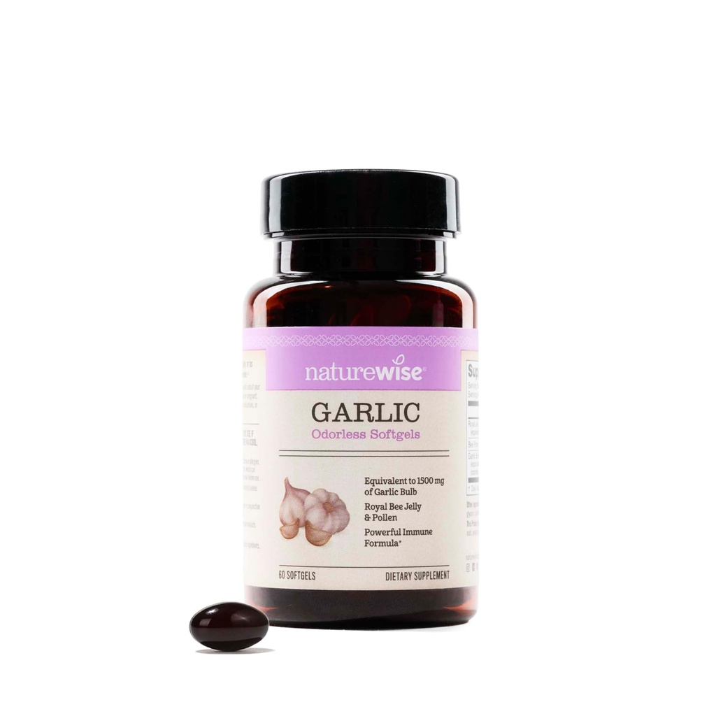 NatureWise Odorless Garlic Pills - med Royal Bee Jelly & Pollen - Herbal Supplement for Heart Health + Immune System + Antioxidanter - Gluten Free, Non-GMO - 60 Softgels [2-Month Supply]