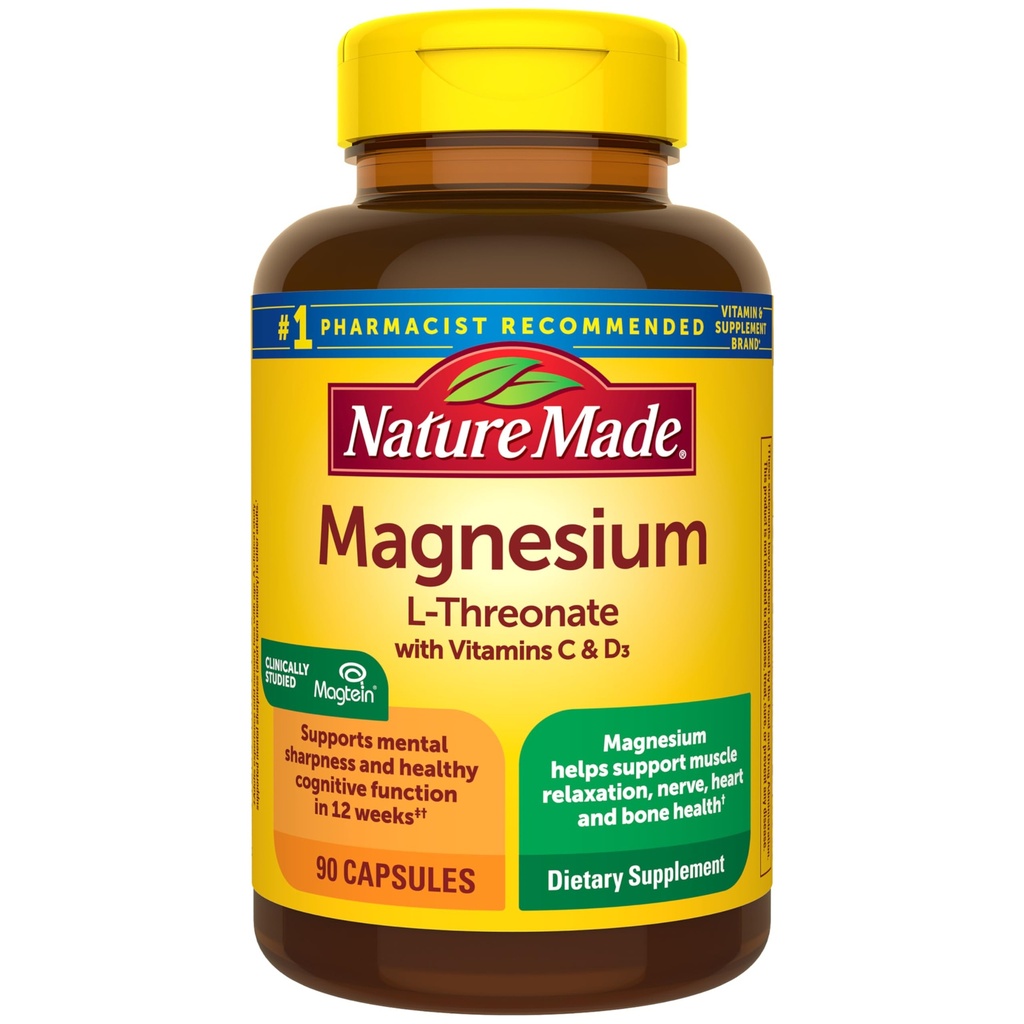 Luonto Valmistettu magnesium L-treonaatti C-vitamiinin ja D3-vitamiinin kanssa tarjoaa 130 mg Mag alkaen 1800 mg magnesium L treonaatti, kognitiivinen tuki Magnesium täydentää, 90 kapselia, 30 päivän toimitus