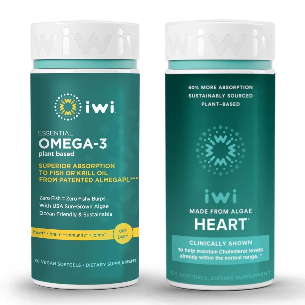 Iwi Omega-3 Essential & Heart Omega-3 Bundle, 30 portioner, Vegan Plant-Based Algae Omega 3, Krill & Fish Oil Alternative, No Fishy Aftertaste