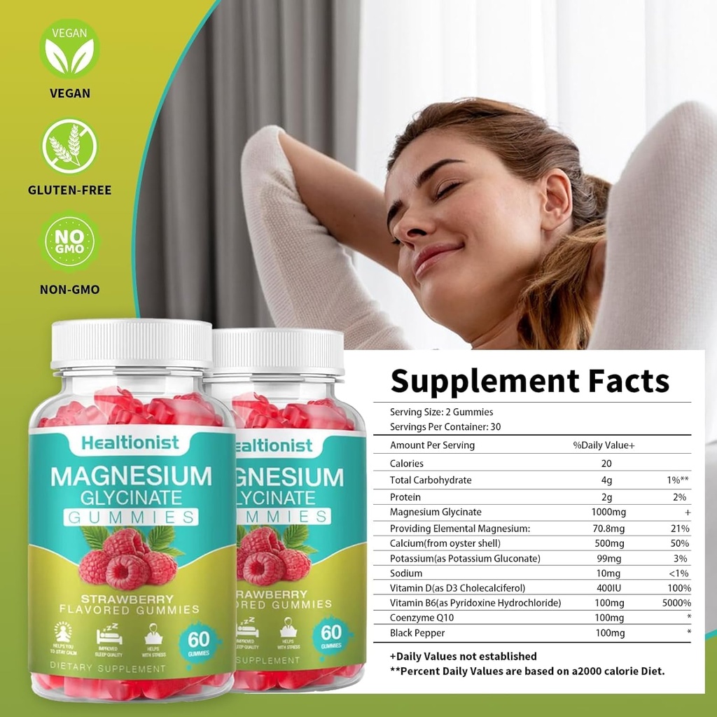 1 pakkaus Magnesium Glycinate Gummies aikuisille & lapsille, paras magnesium täydentää Gummy for Sleep, Stressi & lihasten Relief & Nerve terveys, 60 kreivit tyyni Gummies