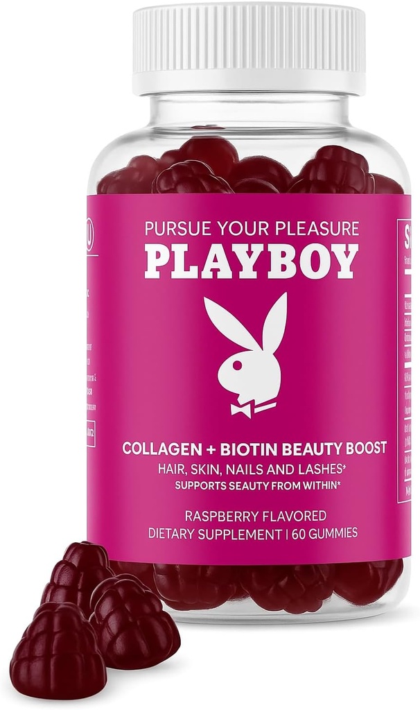 Playboy - Collagen + Biotin Kauneus Boost Gummies hiukset, iho, kynsit & laissit (60 Gummies) - Vadelma maku Biotin & Collagen Supplement for Women & Men - Ei-GMO, Gluteeniton, Pähkinätön Gummy