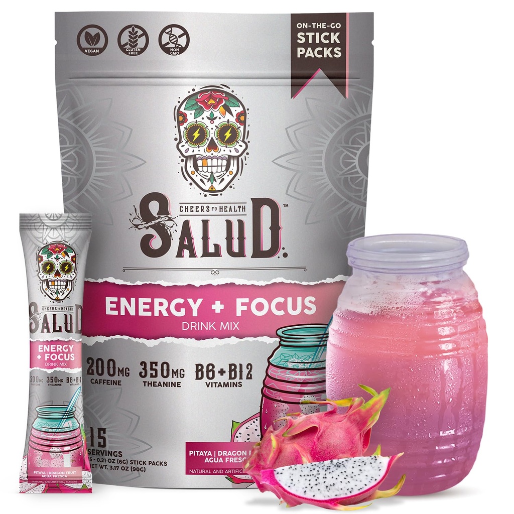 Salud 2-i-1 Energy Drink Powder + Focus, Dragon Fruit, Organic Caffeine, B6 + B12, Theanine, Clean Energy Drink Packets, Pitaya Agua Fresca Mix, Non-GMO, Gluten Free, Vegan, 1g socker, (15 portioner)