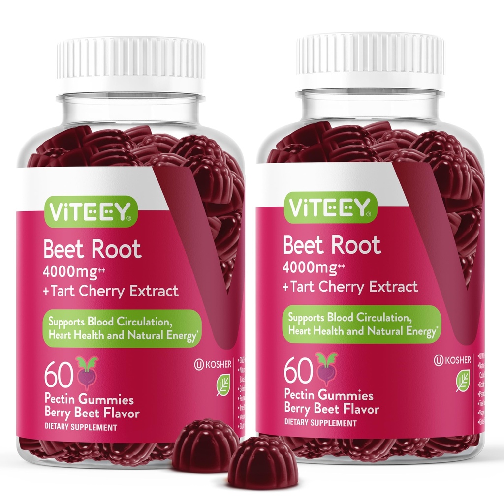Vitey Beet Root Gummies kanssa Tart Cherry - Beetroot Supplement for Heart Health, Verenpaine Support - Vegaani, Gluteeniton - 120 Count