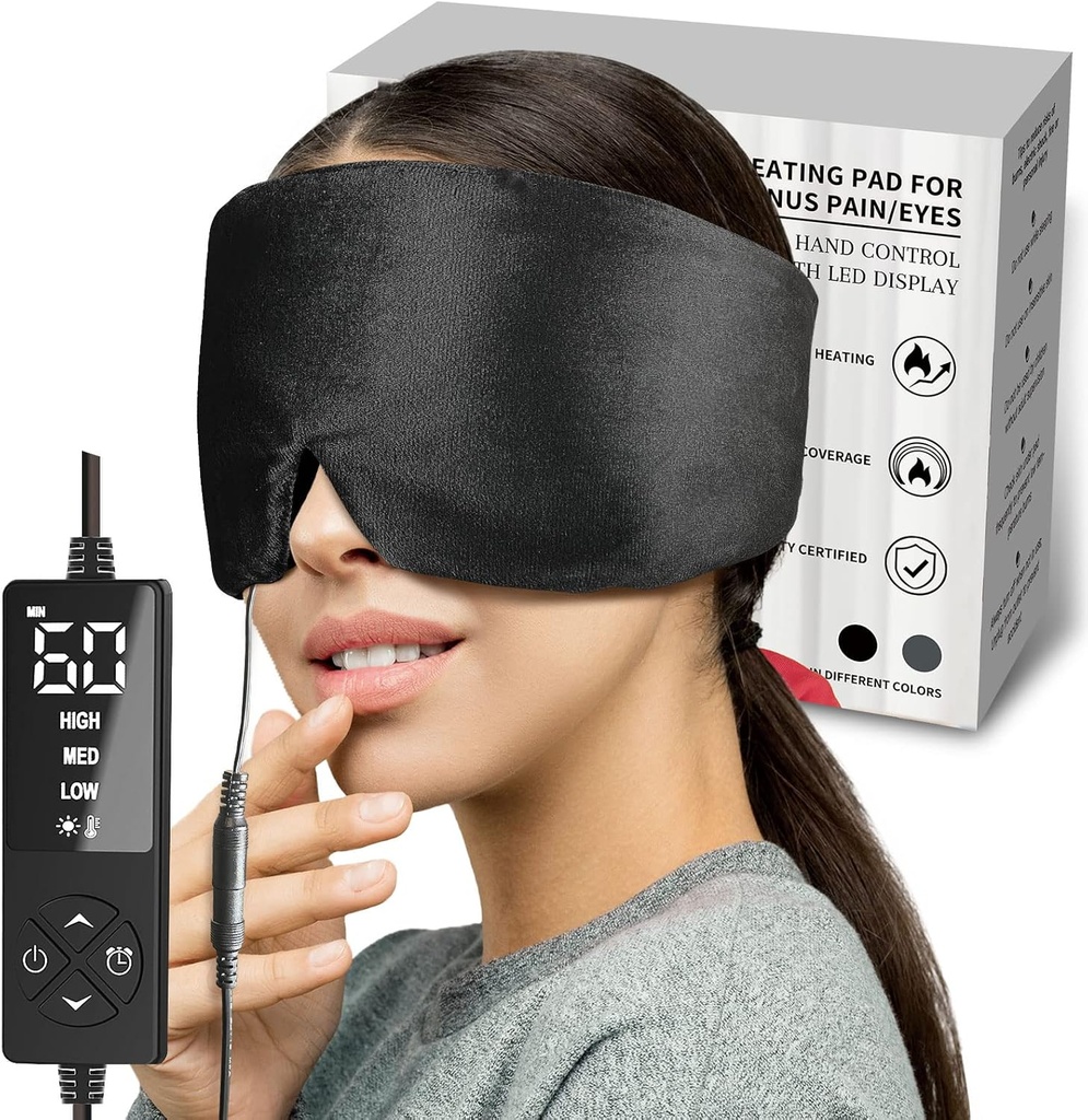 Sticro Lämmitetty silmänaamari erityisen suuri koko kuiville silmille ja Sinus Paine Relief, Ultra pehmeä kasvot Lämmitys Pad jännityksen päänsärkyä lievittävä, Jaw TMJ kipu helpotus - 3 lämpö & 5 ajoitus asetukset (musta)
