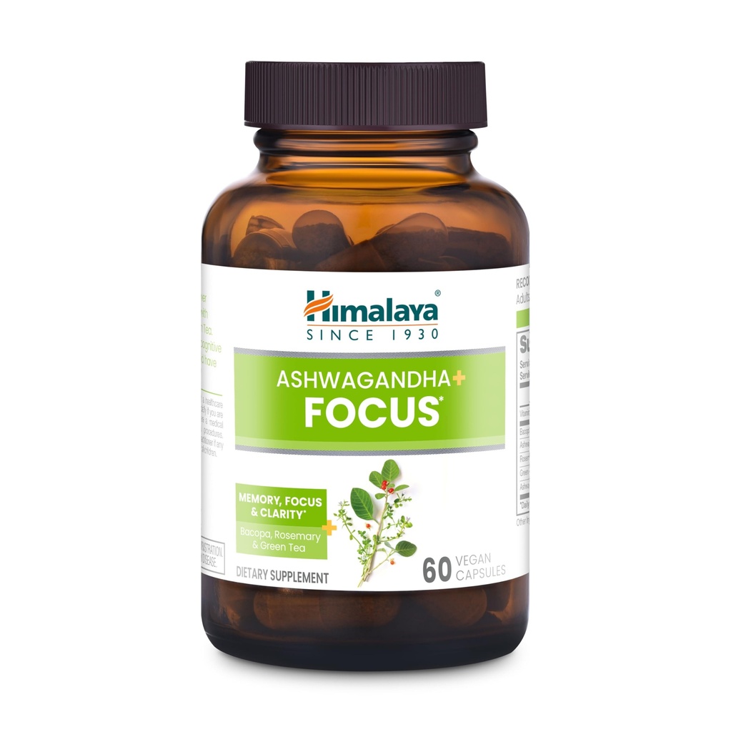Himalaya Ashwagandha+ Focus - Herbal Focus Supplement med B12, Rosemary, Green Tea och Bacopa Nootropics for Memory and Clarity - Vegan, Non-GMO, Gluten Free, 1690 mg, 60 Caplets
