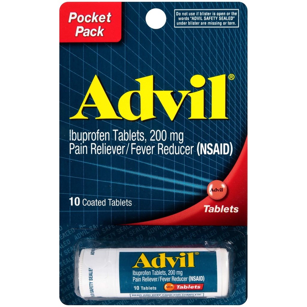 Advil päällystettyjä tabletteja Kipu Reliever ja kuumeen reduktori, Ibuprofeeni 200 mg, 4 x 10 injektiopulloa, nopea kipulääke, taskupakkaus