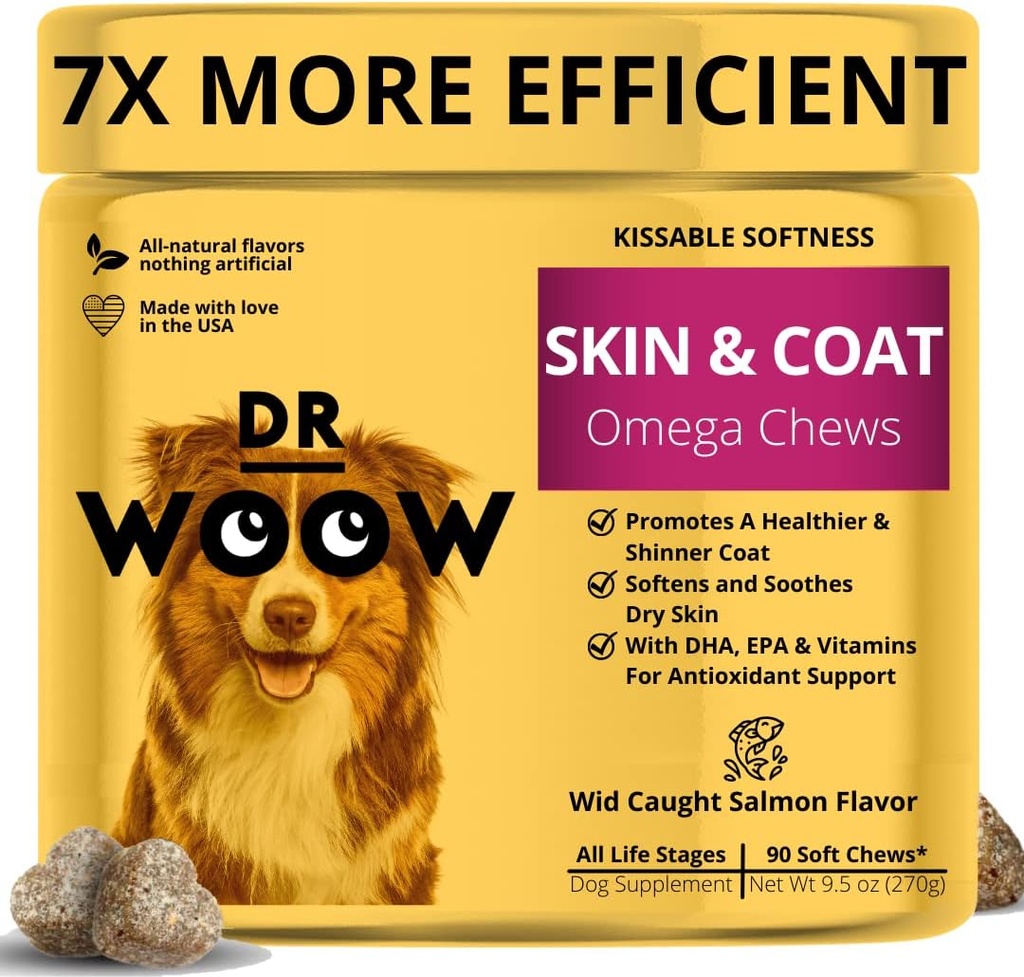 Omega Wild Alaskan Salmon Fish Oil 90 ct Soft Chews for Dog - Anti Itch & Coat + Allergy Support, med Kelp, Biotin, Vitaminer, Zink - Hjälper Itchy Skin, Dog allergier, kan minska Shedding