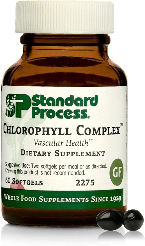 Standard Process Inc. Chlorophyll Complex - Immune Support, Antioxidantaktivitet, hudhälsa och hårhälsa Support med vitamin A, Sunflower Lecithin, Buckwheat, Spansk Moss - 60 Softgels