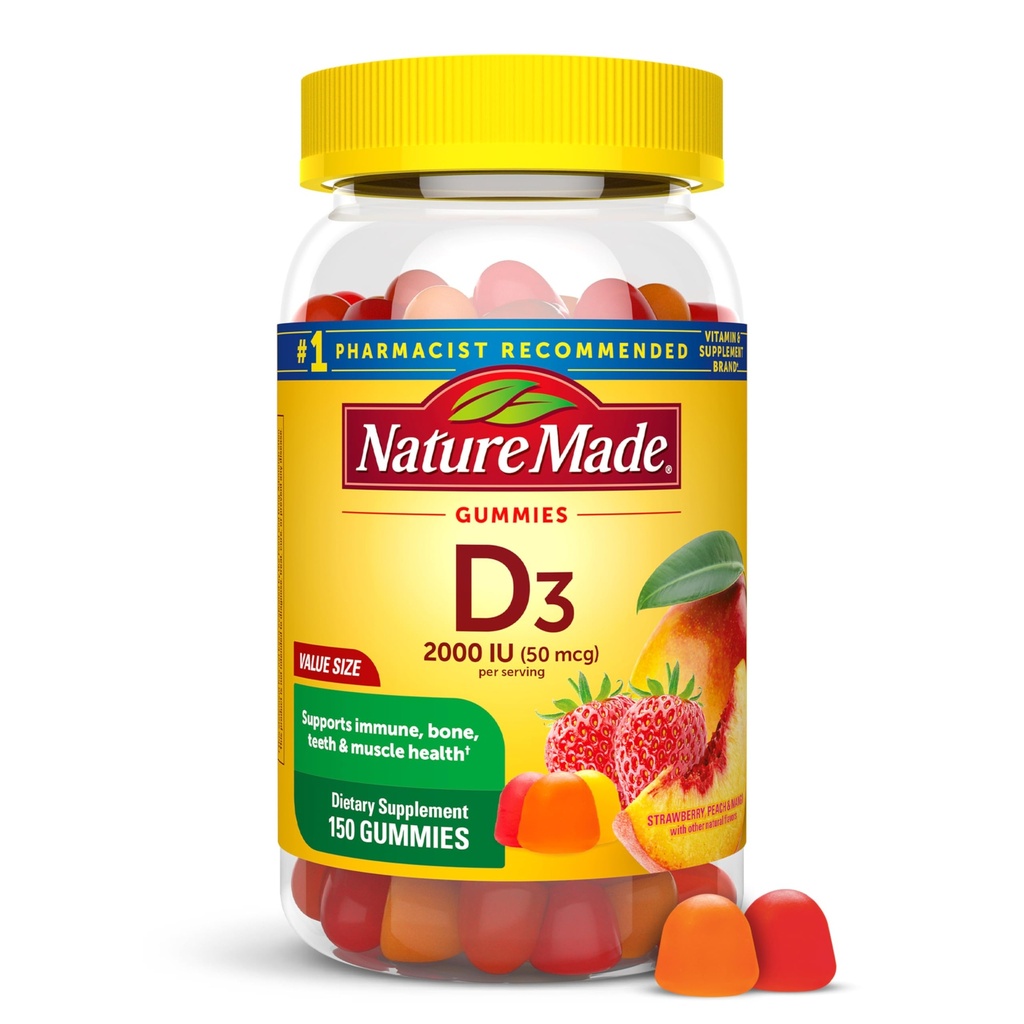 Nature Made D3-vitamiini 2000 IU Per Serving Gummies, Bone, Hampaat, Lihas-ja immuuniterveyden tuki, 75 päivän tarjonta, 150 D-vitamiini Gummies aikuisille
