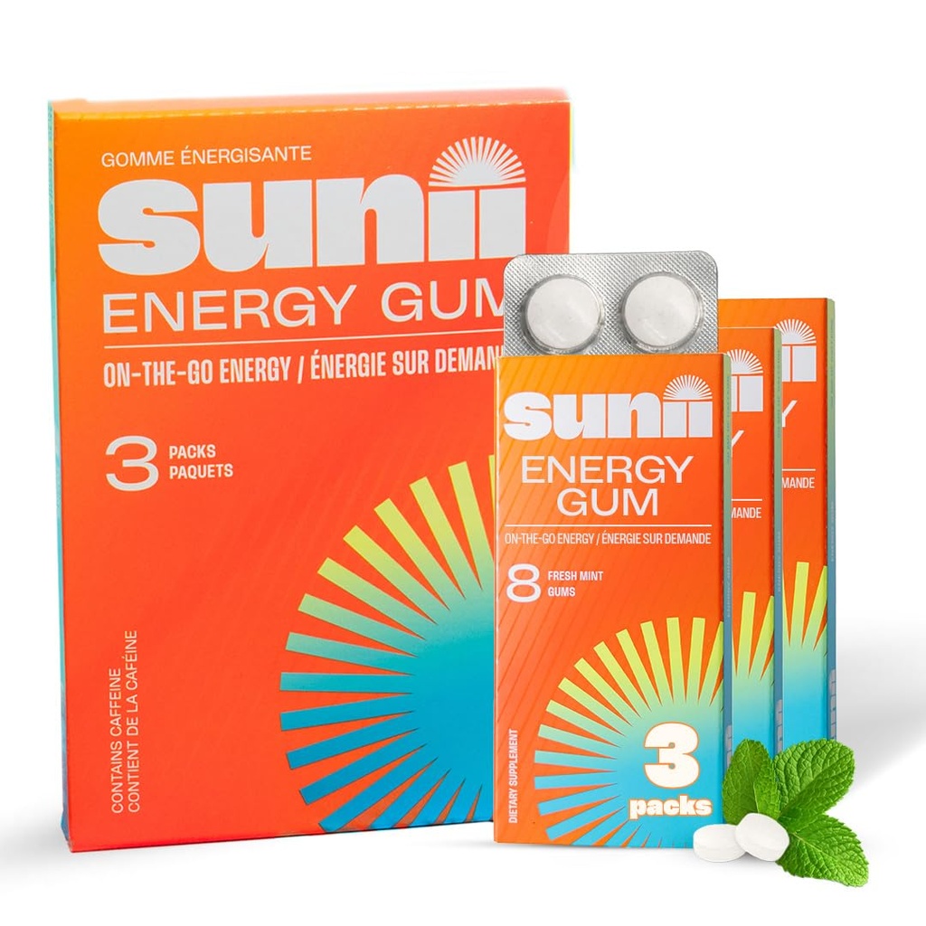 SUNII ENERGY GUM - New Quick Boost Energy & Focus - 50mg Caffeine Gum -Vitaminer B6 & B12, Taurin, Vegan, No Sugar, Zero Calorie, Fresh Mint Taste - Snabbare än Chews, Drinks, Gels & Pills (24pcs)