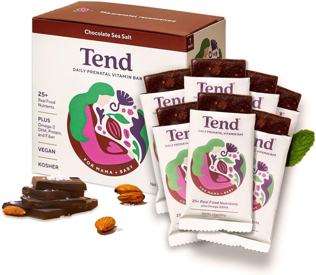 Tend Daily Best Prenatal Vitamin Bar, tillverkad med organiska ingredienser för gravida och postpartum mammor, inkluderar DHA, vitamin D, B, Choline, Folate - Chocolate Sea Salt (7ct)