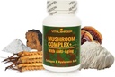 Mushroom Complex anti-aging. Natural Mushroom-Baseed Anti-Aging lisäravinteet Chaga, Leijona, Mane, Cordyceps, Reishi, Collagen, Hyaluronic Acid, Vitamiinit B1, B2, B6, C, D.