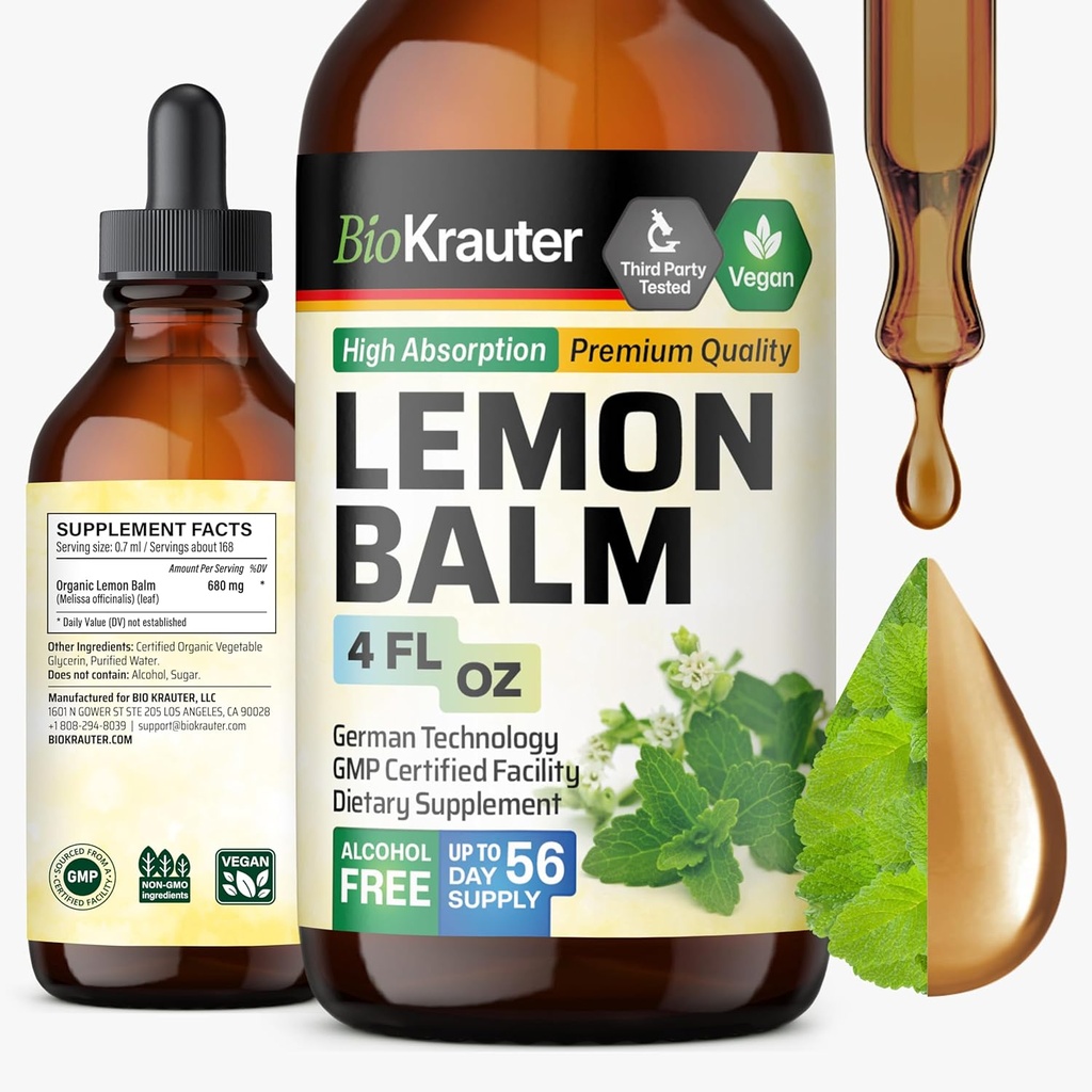 BIO KRAUTER Lemon Balm Leaf Extract - Vegan Melissa Lemon Balm Tincture rauhoittava tuki - Sokeri & alkoholiton - 4 Fl. Oz.