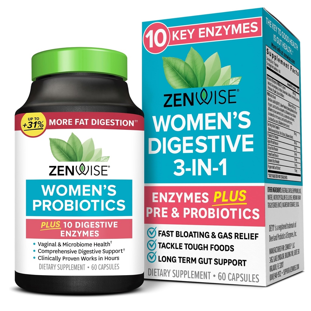 Zenwise Health 3-in-1 Naisten probiootti täydentää ruoansulatuskanavan, Gut Flora & emätin terveys - Päivittäinen probiootit & prebiootit naisille, joilla on digestiivinen Enzyme tukee turvotusta & Gas Relief - 60