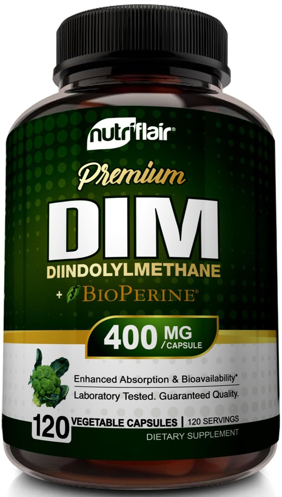 NutriFlair DIM täydentää 400 mg Bioperine, 120 kapselia - diindolyylimetaani - Estrogeeni Metabolia Tuki & Hormonitasapaino, vaihdevuodet, PCOS, akne ja ihonhoito miesten ja naisten - Vertaa 300 mg
