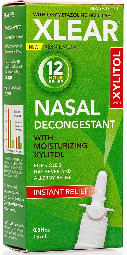 Xlear 12-timmars Natural Saline Nasal Decongestant Spray med Xylitol och Oxymetazoline, Instant Sinus Pressure and Congestion Relief för barn och vuxna 0,5 fl oz (Pack of 3)