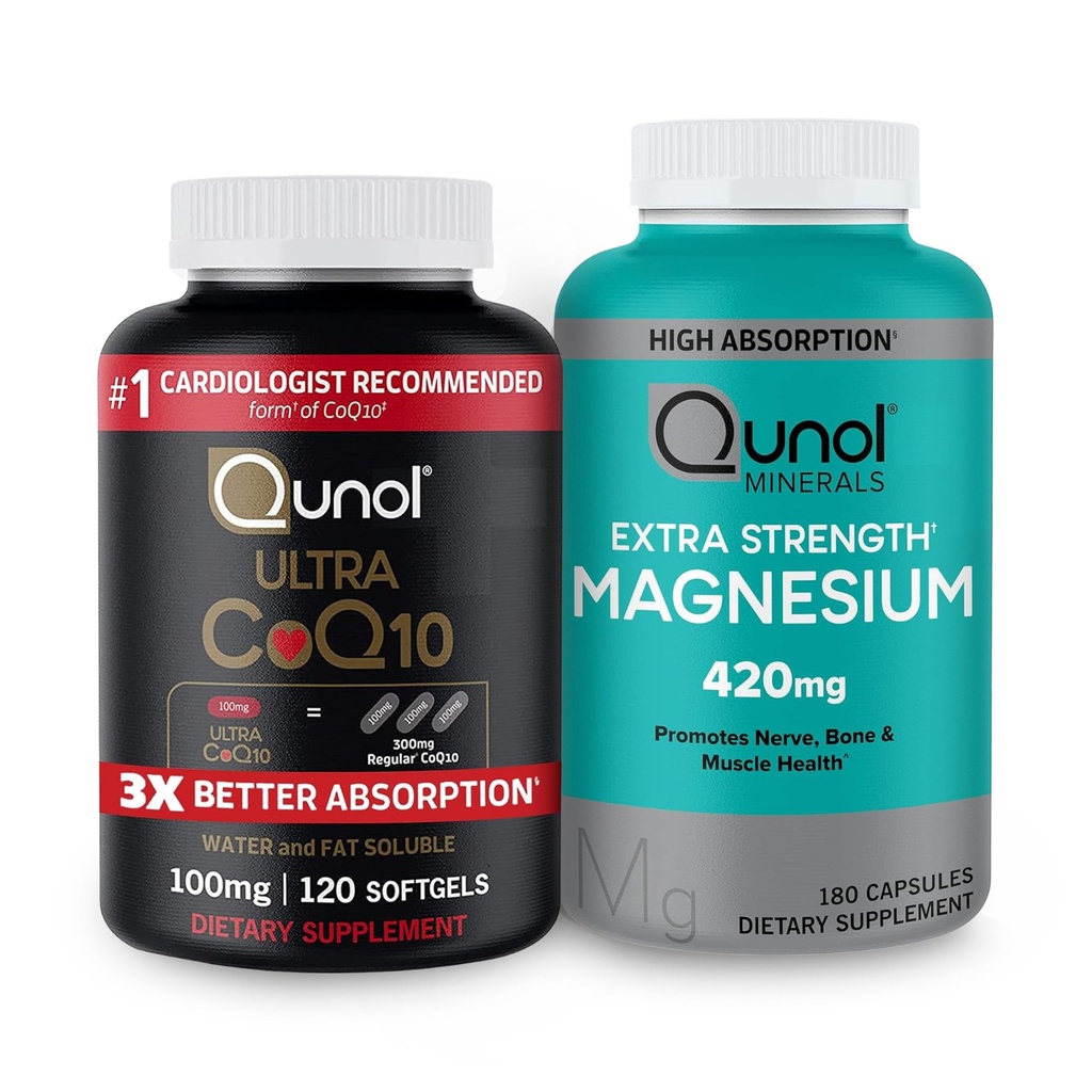 Qunol CoQ10 100 mg Softgels, 3X Better Absorptio 4 kuukauden Supply + 120 Count Magnesium Glycinate Kapselit 420 mg, suuri imeytyminen Magnesium Supplement, 180 Count