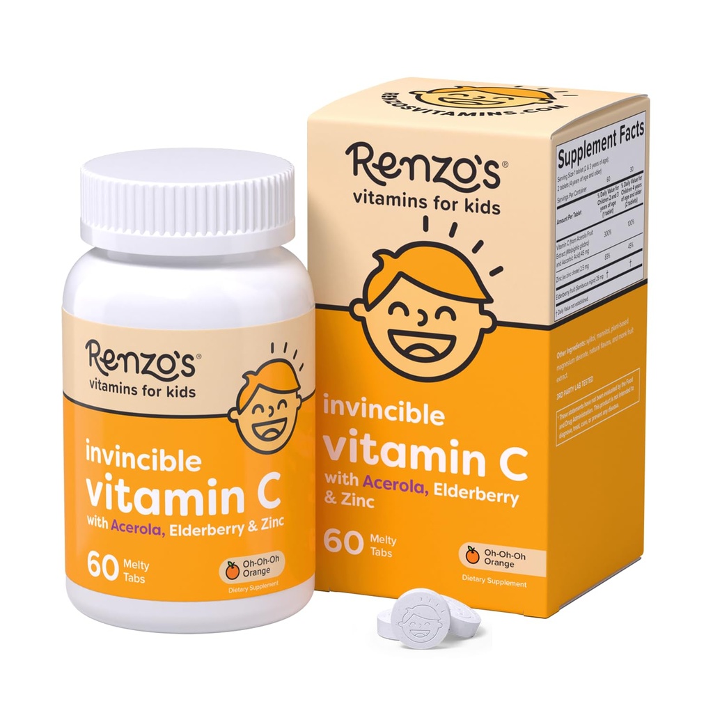 Renzon voittamaton C-vitamiini lapsille Elderberry ja sinkki, ratkaista lasten vitamiinit Immuuni tukea, 60 Orange-Flavored Melty Tabs
