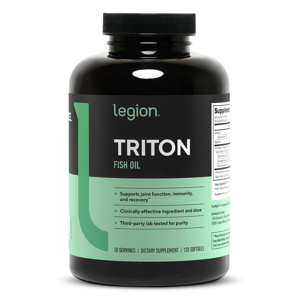 LEGION Triton Fish Oil Capsules - Triple Strength Omega 3 Essential Fatty Acids med vitamin E & Lemon Oil för Maximal Absorption, Freshness & Purity - 2400mg EPA & DHA Per Servering, 30 Svgs