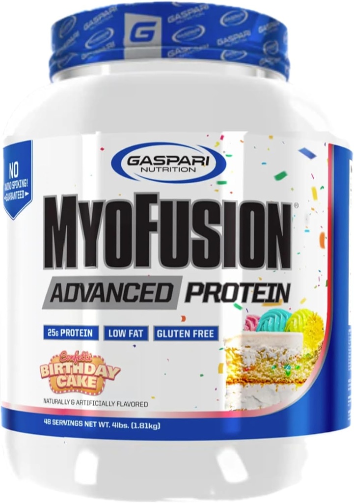 Gaspari Nutrition Myofusion Advanced Protein, Protein Blend with Whey Protein, Casein Protein and Isolate Protein, Low Fat and Gluten Free (Birthday Cake, 4 punta)