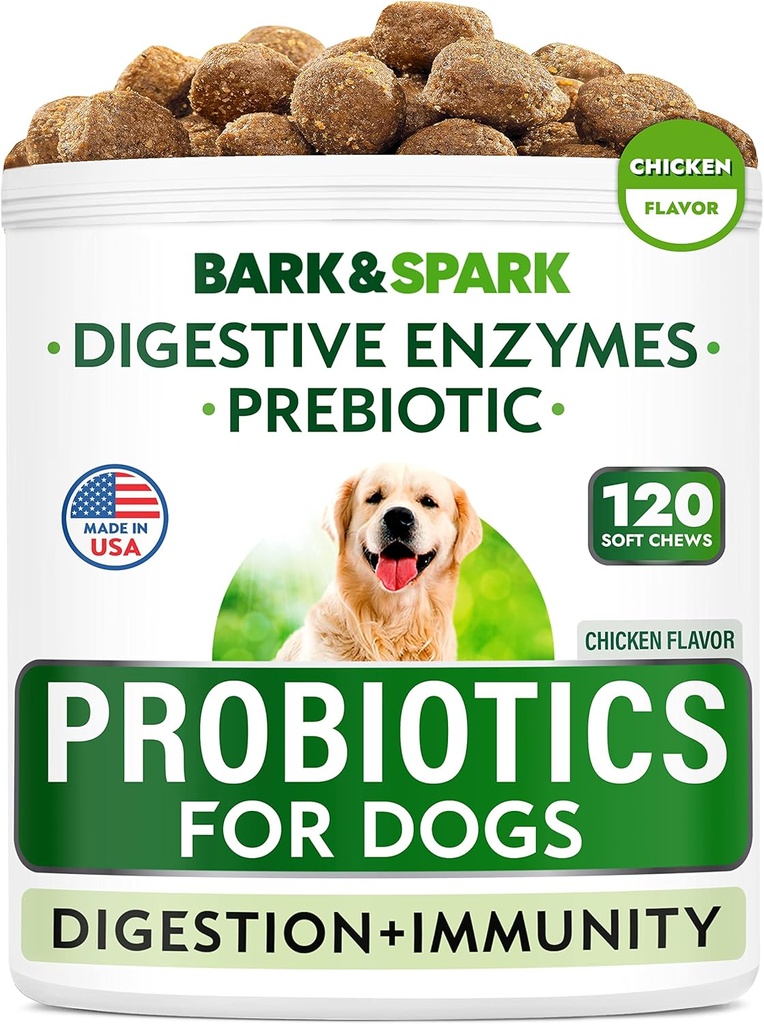 BARK&SPARK Dog Probiootti purut - Kaasu, ripuli, allergiat - Entsyymit + prebiootit - Purukuitu - Digestio, immuniteetti - USA Made - 90 Ct - Kana