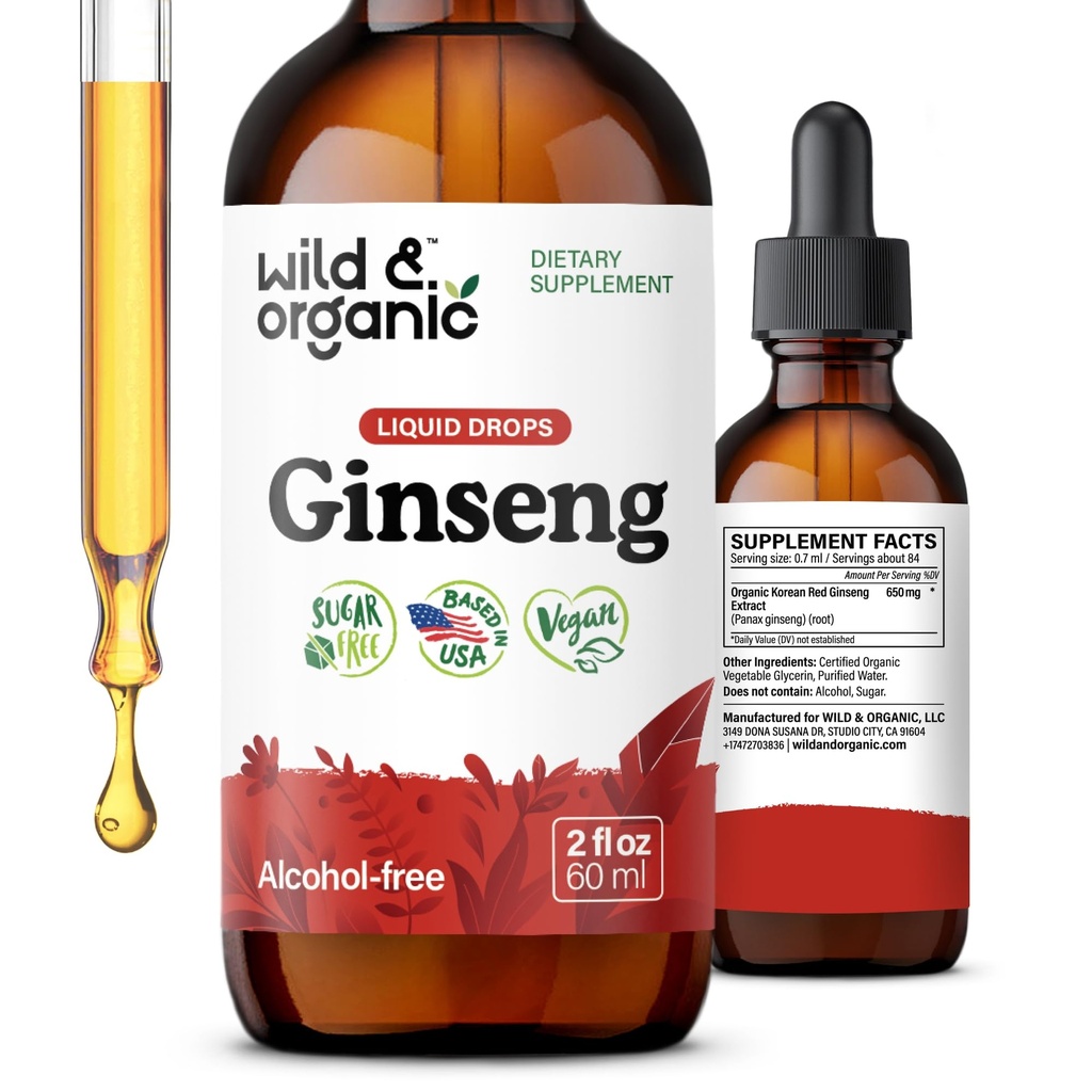 Wild & Organic Korean Red Ginseng Extract Drops - Panax Ginseng täydennysosa Immuuni tukea - Liquid Root Tincture Overall Well-being - Vegaani, sokeri & alkoholiton - 2 fl oz