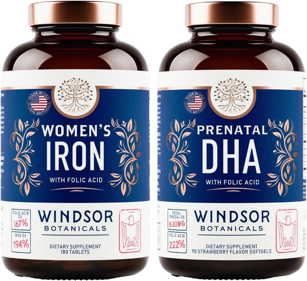 WINDSOR BOTANICALS Prenatal DHA och järnpiller för kvinnor med folsyra - Prenatal Vitamin Bundle
