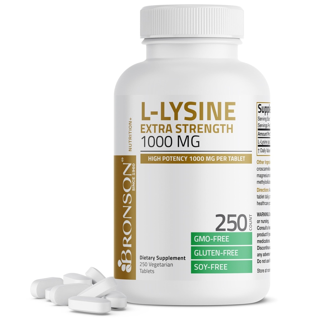 Bronson L-Lysine Extra Strength 1000 MG tablettia kohti Korkea teho, Immuunituki ja tukee kollageenisynteesiä, ei-GMO, 250 kasvistablettia