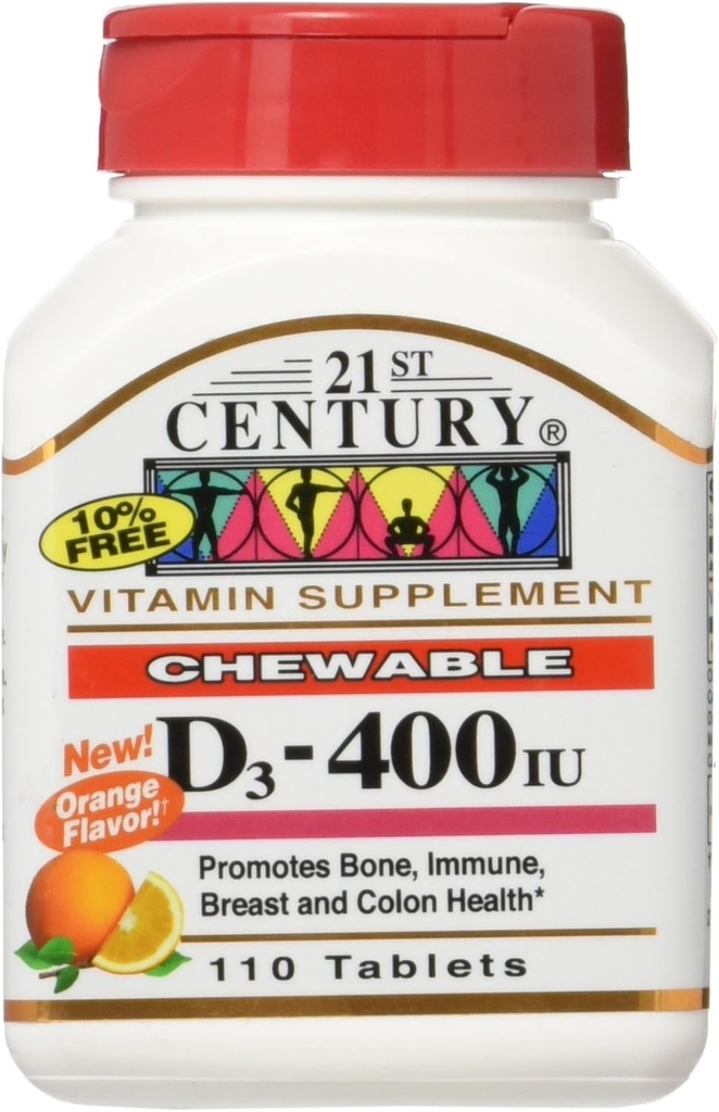 21st Century Chewable D3-vitamiini, oranssi, 10 mikrog (400 IU), 110 tablettia