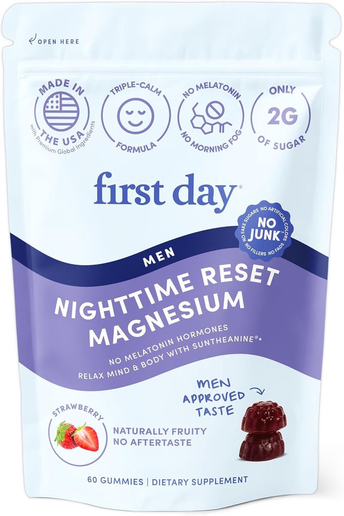 Första dagen Mäns Nighttime Reset Calming Magnesium Gummies - Sleep Aid stöder fredlig rest, balanserad humör och energi - Tillägg med Magnesium Citrate, L-Theanine & No Melatonin - 30-dagars leverans