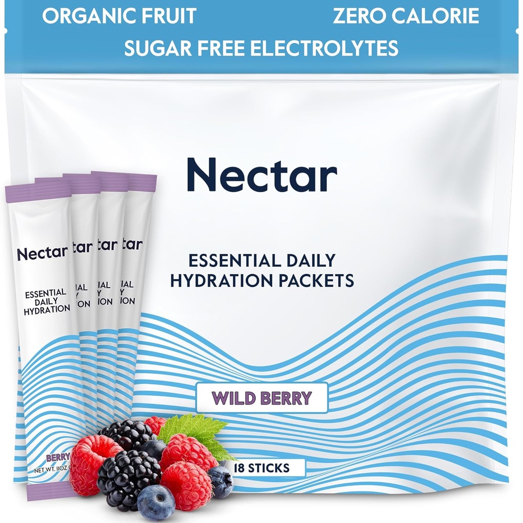 Nectar Hydration Packets - Elektrolyytit Powder Packets - Ei sokeria tai kaloreita - Organic Fruit Liquid Daily IV Hydrate Packets for Dehydration Relief and Rapid Rehydration (Berry 18 Pack)