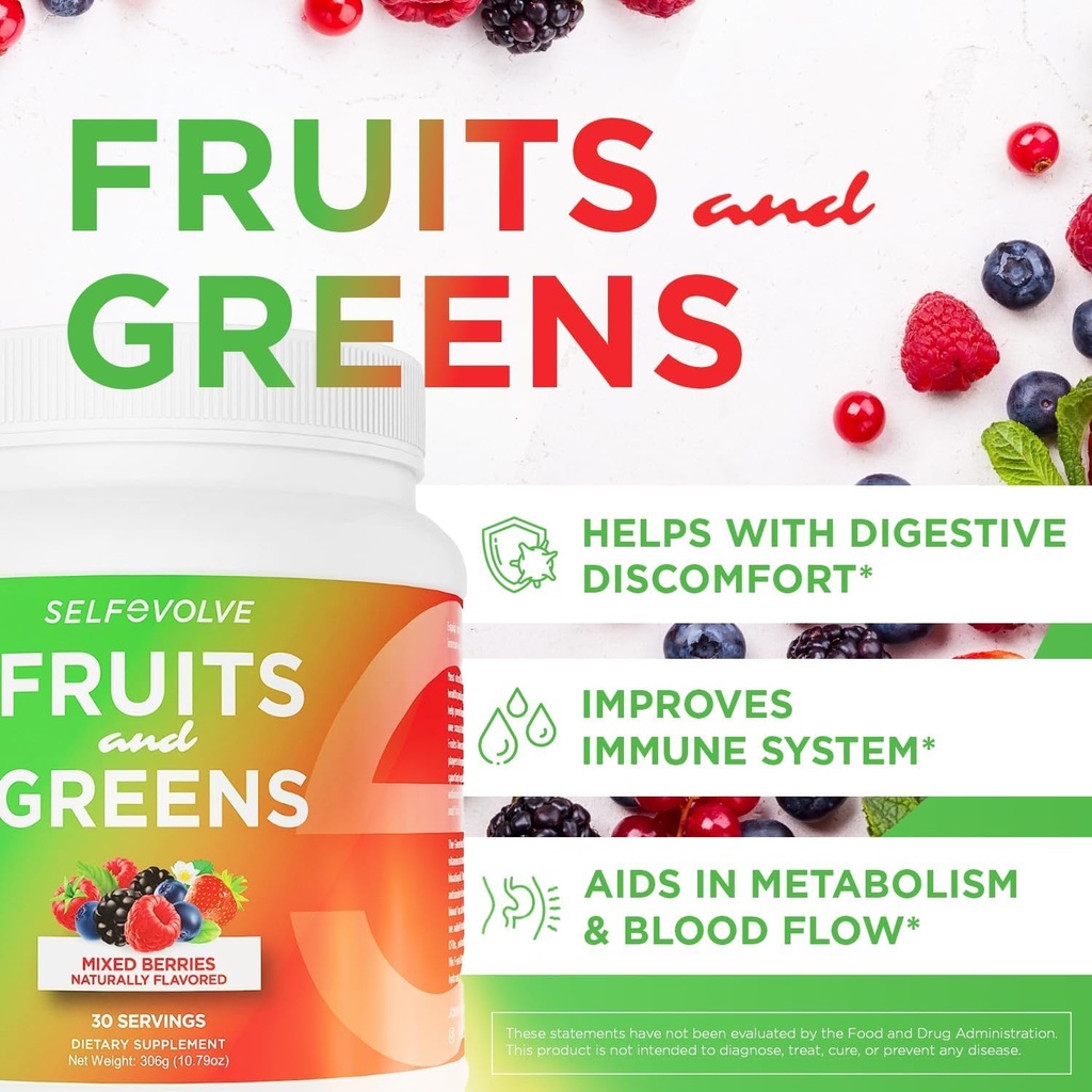 Frukt och gröna ekologiskt probiotiskt pulver: 30 portioner för män och kvinnor. Vegan med 10 miljarder CFUs, Spirulina, Kale, Spinach, Chlorella, Elderberry, Digestive Enzymes - Probiotika