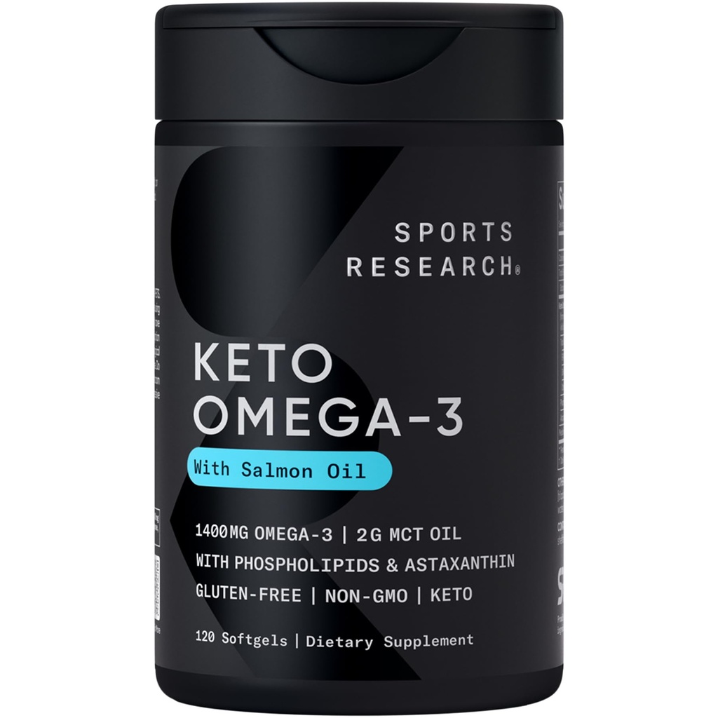 Sports Research® Keto Omega Fish Oil 1400mg - Full Spectrum Omega-3 Blend with Astaksantiini & Coconut MCT Oil - Keto Certified, Soy & Gluten-free (120 Softgels)