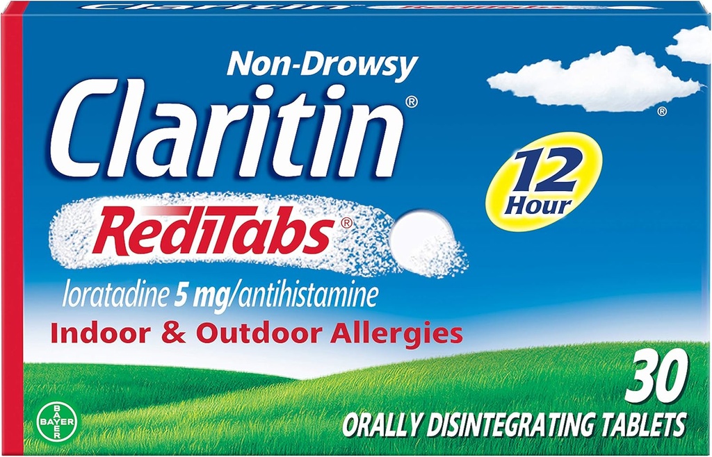 Claritin RediTabs 12 tunnin allergialääkkeet, ei-hullun reseptin vahvuus Allergialääkkeet, Loratadine Antihistamiinitabletit, 30 kreivi, 2 tabletin pakkaus