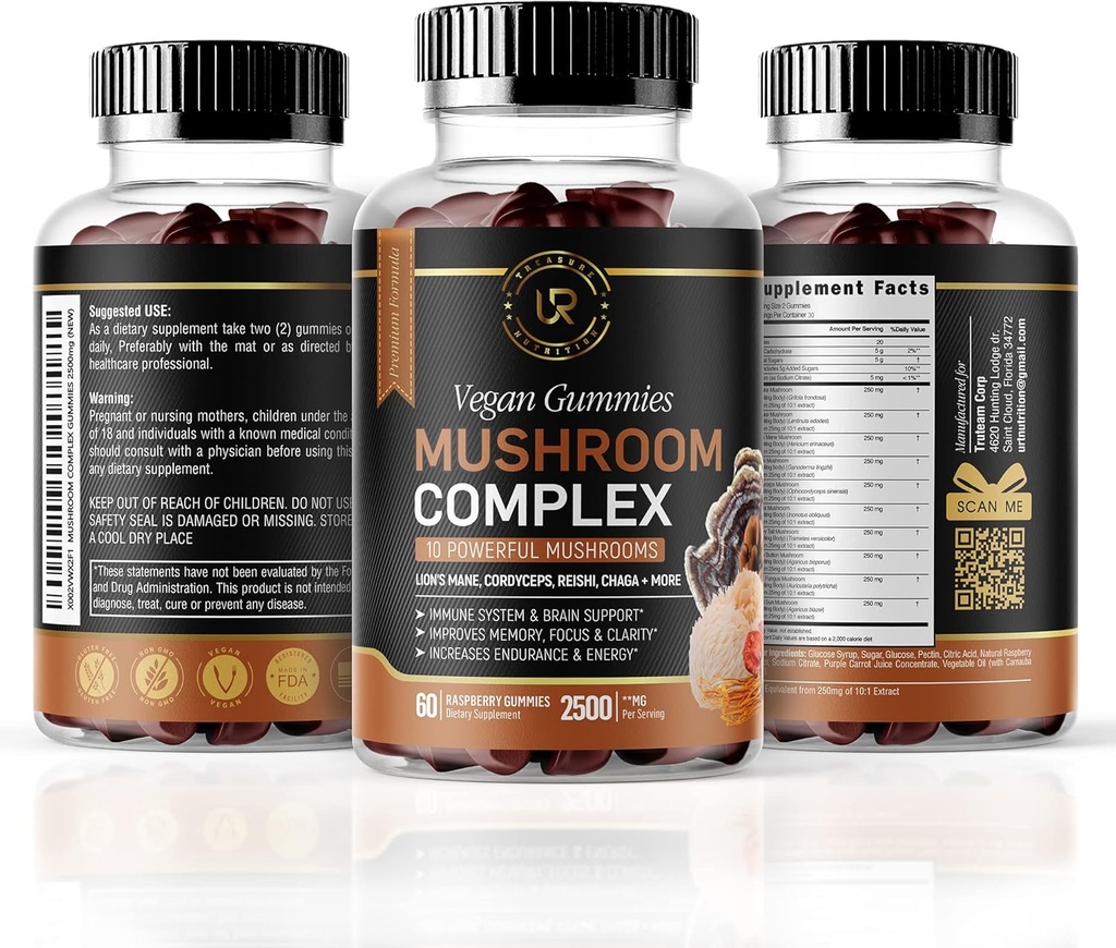 Sieni Gummies ... 10 Sienen lisäravinteet ... 2500mg... Turkey Tail, Chaga, Reishi, Cordyceps & Lions Mane Organic Mushroom Otteita, Nootropic Brain Booster (180 laatikko 3)