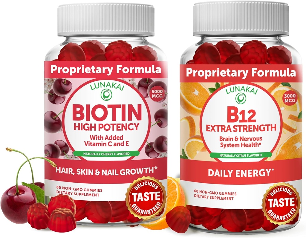 Lunakai Biotin och vitamin B12 Gummies Bundle - Hair Skin och Nails Growth Gummies med vitamin C och E - Non-GMO & Vegan Supplement för energistöd och benhälsa - 30 dagars leverans