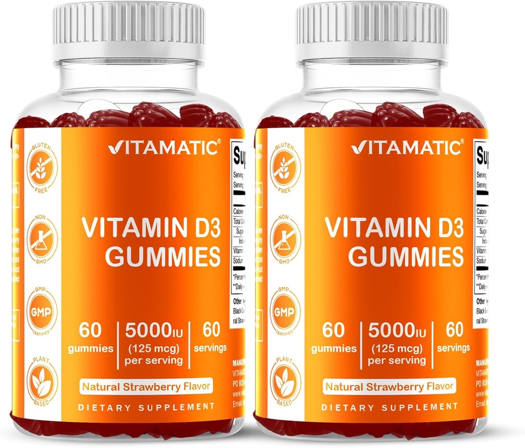 Vitamatic Vitamin D3 Gummies - 5000 IE Per Gummy | 60 Gummies per flaska | Pack of 2 (Total 120 Count) Great Taste | Stöder ben, tänder, humör, gemensam och immun hälsa