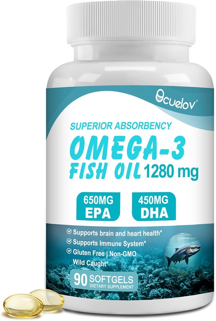 Omega 3 Fish Oil Supplements,Triple Strength Omega 3 Nutritional Supplement med 650mg EPA 450mg DHA Per Servering - Brain, Eye, Heart & Immune Health Support - 90 Softgels (45 Serv)