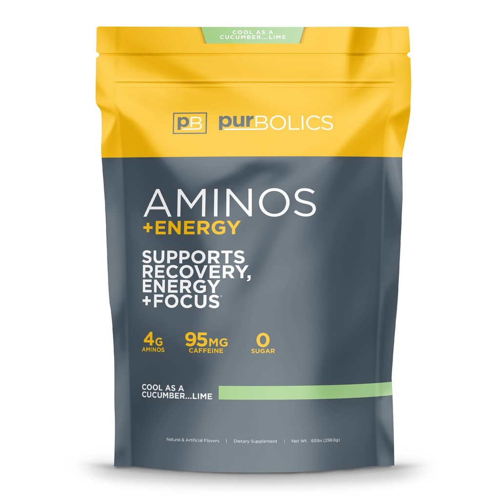 Purbolics Aminos + energia ... tukee Recovery, Energy & Focus 95mg kofeiinia, 0 sokeria & 60 tarjoilua (Cool as cucumber...Lime)