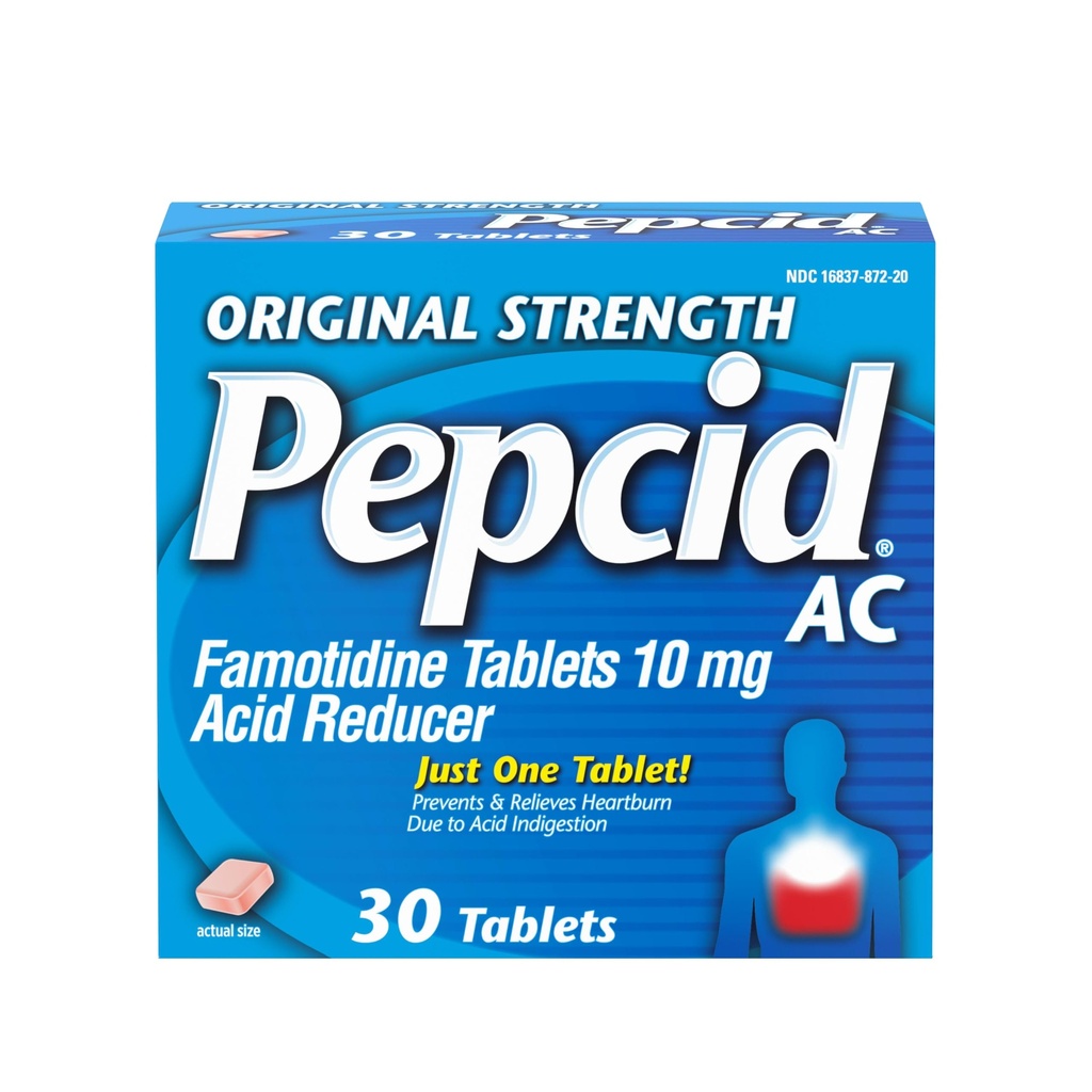 Pepcid AC Original Strength Heathburn Relief -tabletit, OTC- lääkitys ehkäisee ja lievittää närästystä ja happojen refluksia Happojen ruuansulatuksen vuoksi, 10 mg famotidiinihapon reduktori, nopea hoito, 30 ist