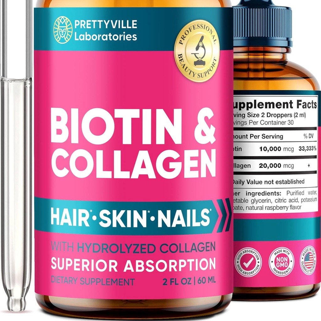Liquid Collagen & Biotin for Women - 30000 mcg Hair Growth Complex - Valmistettu USA - Hydrolysed Collagen & Biotin Oil for Hair Growth, Terve iho & kynnet - Vegan Collagen & Biotin Lähde - 2 fl oz