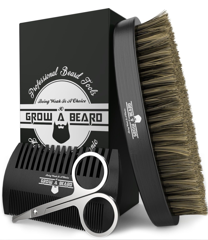 Beard Brush för Män & Beard Comb Set w / Mustache Scissors Grooming Kit, Natural Boar Bristle Brush, Dual Action Wood Comb och Travel Bag Great For Christmas Gift