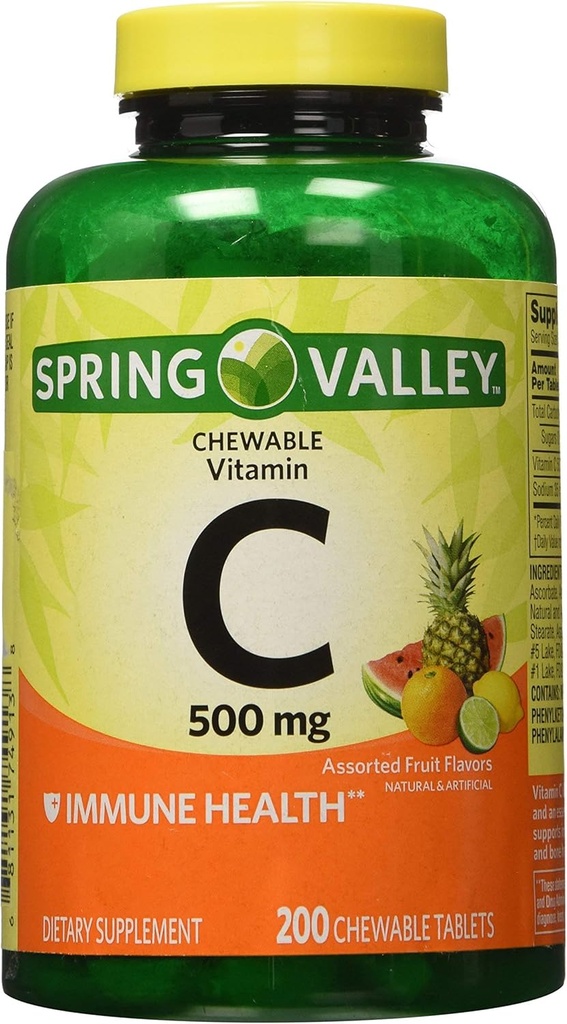 Spring Valley - C-vitamiinia useita hedelmiä makuja 500 mg, 200 purutablettia (2 pakkaus) + 1 Mini matka pilleri säiliö Keychain(värit May Vary)